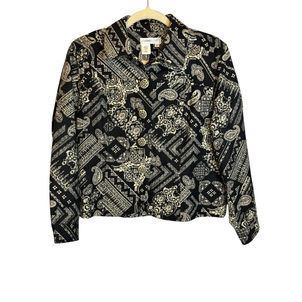 Coldwater Creek Jacket Women's Large Petite Silk Blend Paisley Lightweight Black